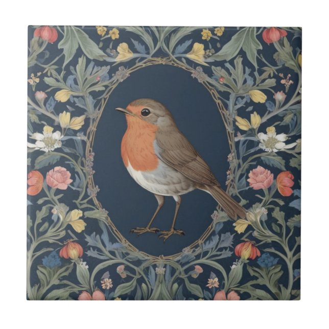European Robin Bird William Morris style L Floral Tile (Front)