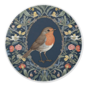 European Robin Bird William Morris style R Floral Ceramic Knob