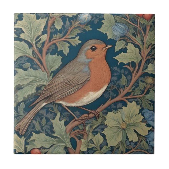 European Robin Bird William Morris style Right Tile (Front)