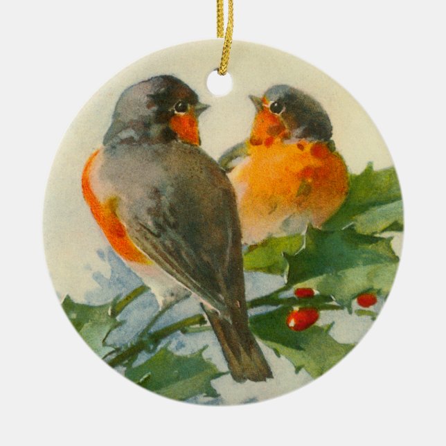 European Robin & Holly Ceramic Tree Decoration (Front)