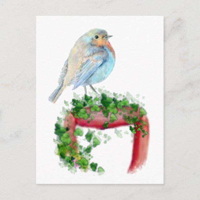 European Robin on Shovel, Watercolor Bird Postcard (Front)