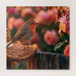 European Robin Perched on Straw Hat in Rose Garden Jigsaw Puzzle