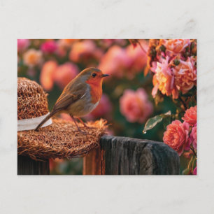 European Robin Perched on Straw Hat in Rose Garden Postcard