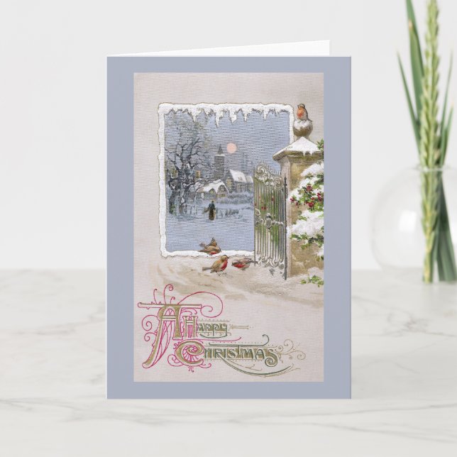 European Robins at Gate to Village Holiday Card (Front)