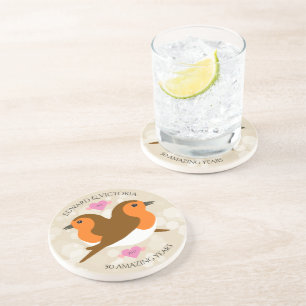 European Robins Lovebirds Any Year Anniversary Coaster
