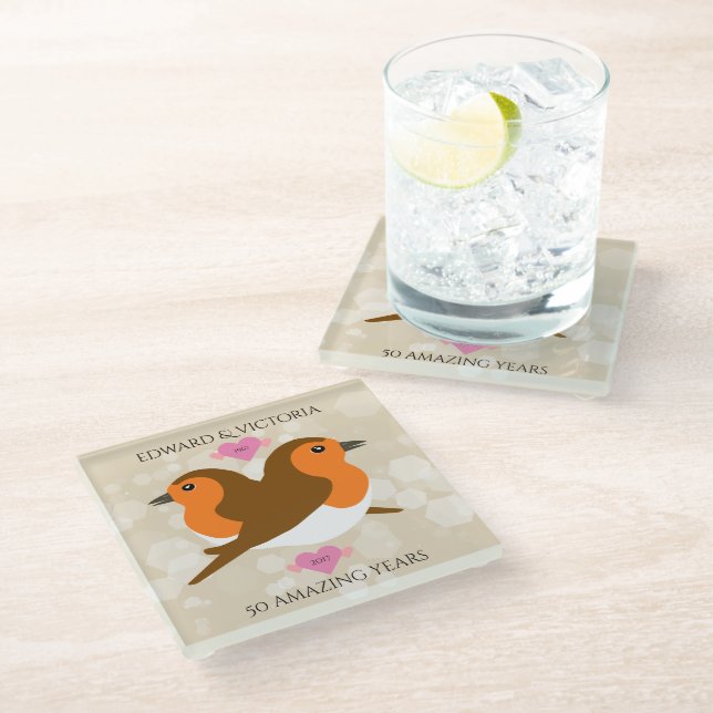 European Robins Lovebirds Any Year Anniversary Glass Coaster (Angled)