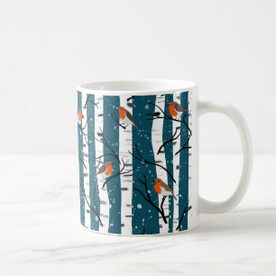 European Robins on Silver Birch in the Snow d blue Coffee Mug