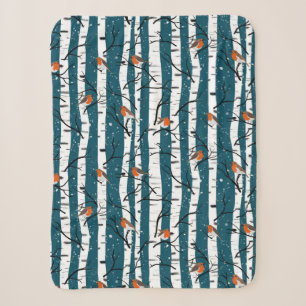 European Robins on Silver Birch in the Snow d blue Sherpa Blanket