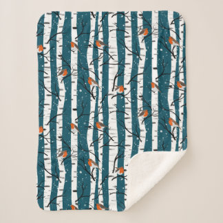 European Robins on Silver Birch in the Snow d blue Sherpa Blanket