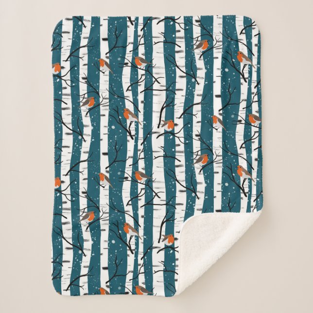 European Robins on Silver Birch in the Snow d blue Sherpa Blanket (Front)