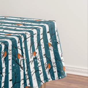 European Robins on Silver Birch in the Snow d blue Tablecloth
