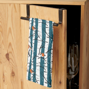 European Robins on Silver Birch in the Snow d blue Tea Towel