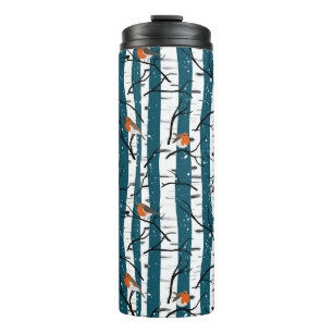 European Robins on Silver Birch in the Snow d blue Thermal Tumbler