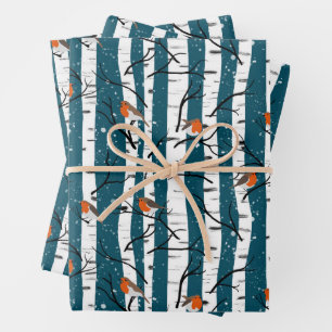 European Robins on Silver Birch in the Snow d blue Wrapping Paper Sheet