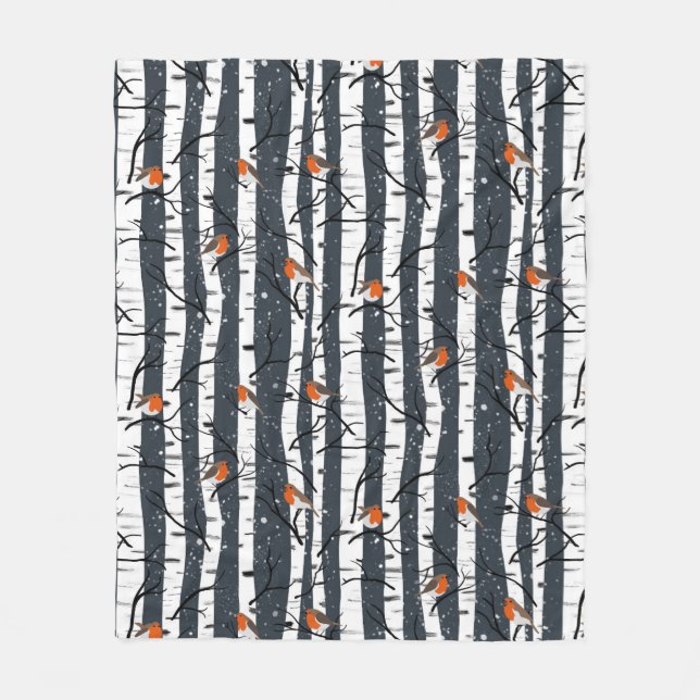 European Robins on Silver Birch in the Snow grey Fleece Blanket (Front)