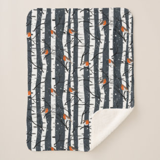European Robins on Silver Birch in the Snow grey Sherpa Blanket