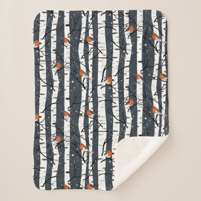 European Robins on Silver Birch in the Snow grey Sherpa Blanket (Front)