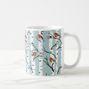 European Robins on Silver Birch in the Snow p blue Coffee Mug