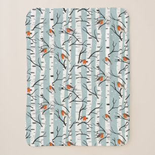 European Robins on Silver Birch in the Snow p blue Sherpa Blanket