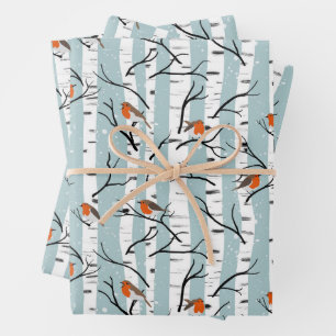 European Robins on Silver Birch in the Snow p blue Wrapping Paper Sheet