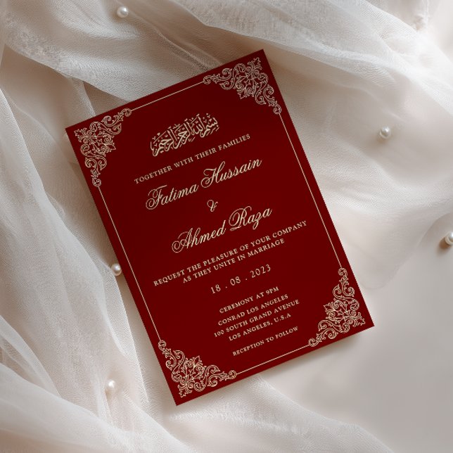 European Rococo Frame Burgundy Red Muslim Wedding Invitation (Creator Uploaded)