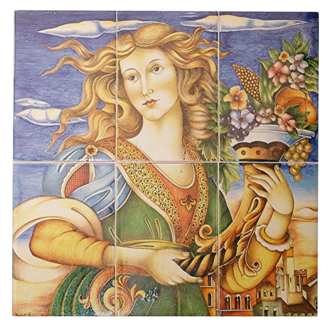 European Spanish Tile Woman Cornucopia Mosaic (Front)