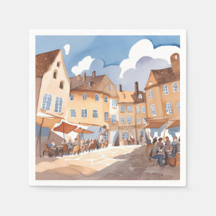 European Town Corner Watercolor Painting Napkin