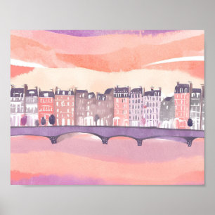 European Town Sunset   Watercolor Poster