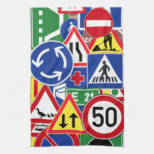 European Traffic Signs Collage Tea Towel
