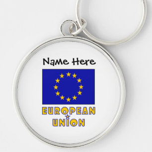 European Union and EU Flag with Your Name Key Ring