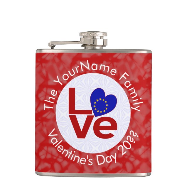 European Union Red LOVE Flag Personalised  Hip Flask (Front)