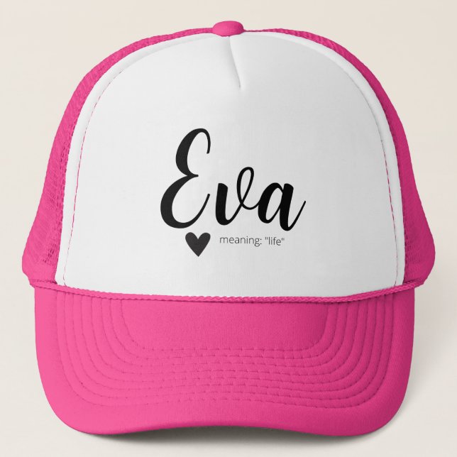 Eva Name Meaning Minimal Modern Script Black White Trucker Hat (Front)