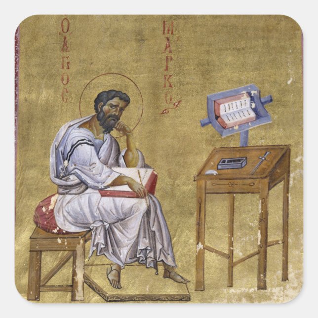 Evangelist Mark Seated at His Study Byzantine Icon Square Sticker (Front)