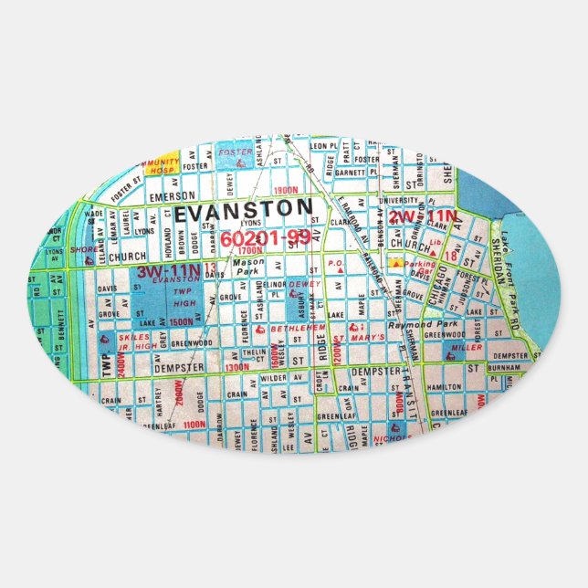 EVANSTON, IL Vintage Map Oval Sticker (Front)