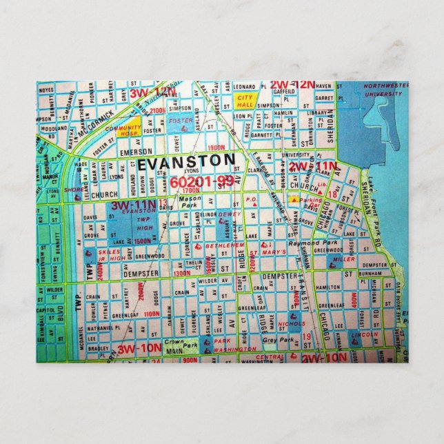 EVANSTON, IL Vintage Map Postcard (Front)