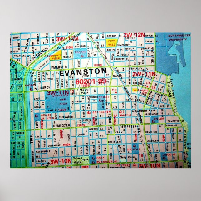 EVANSTON, IL Vintage Map Poster (Front)