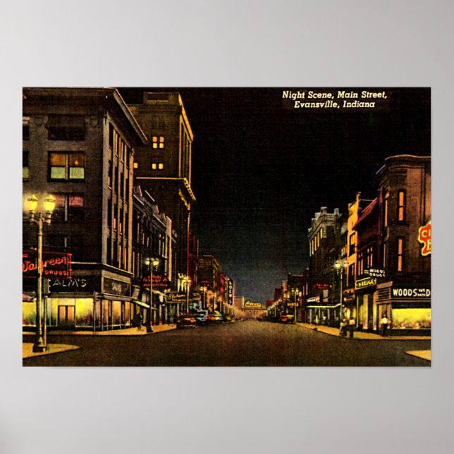 Evansville, Indiana Night Scene Main Street Poster (Front)