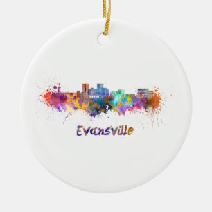 Evansville skyline in watercolor ceramic tree decoration