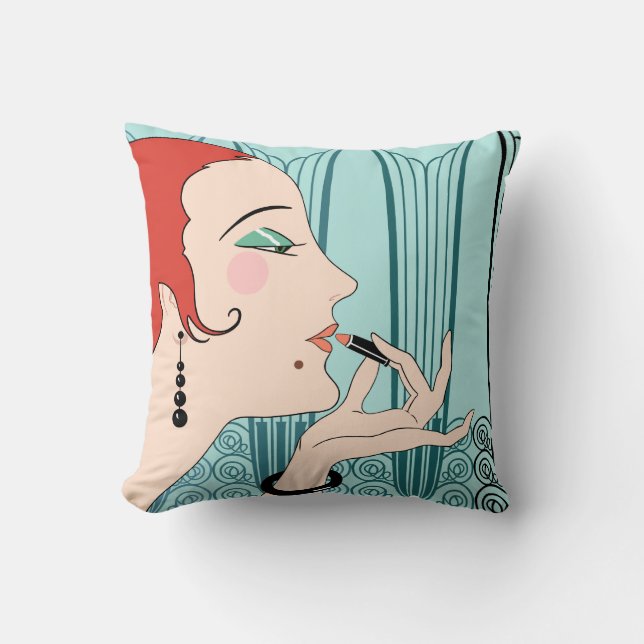 EVE, Art Deco Lady in Aqua and Teal Cushion (Front)