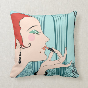 EVE, Art Deco Lady in Aqua and Teal Cushion