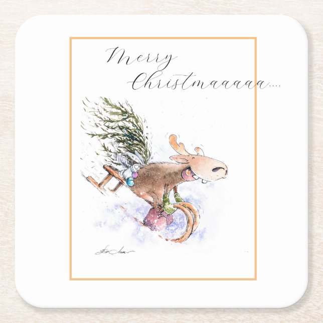 EVE Painted Christmas  Reindeer and bunny Square Paper Coaster (Front)