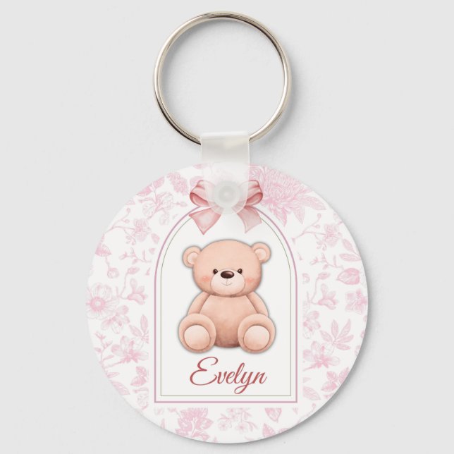 Evelyn | Custom Pink Teddy Bear Nursery Design  Key Ring (Front)
