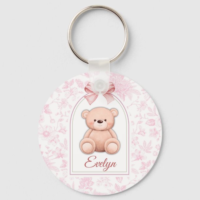 Evelyn | Custom Pink Teddy Bear Nursery Design  Key Ring (Front)