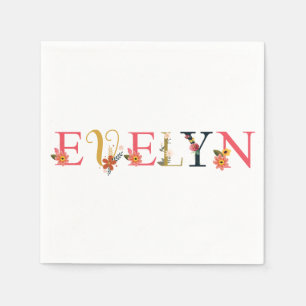 EVELYN Name Art With Flowers Embroidered Napkin