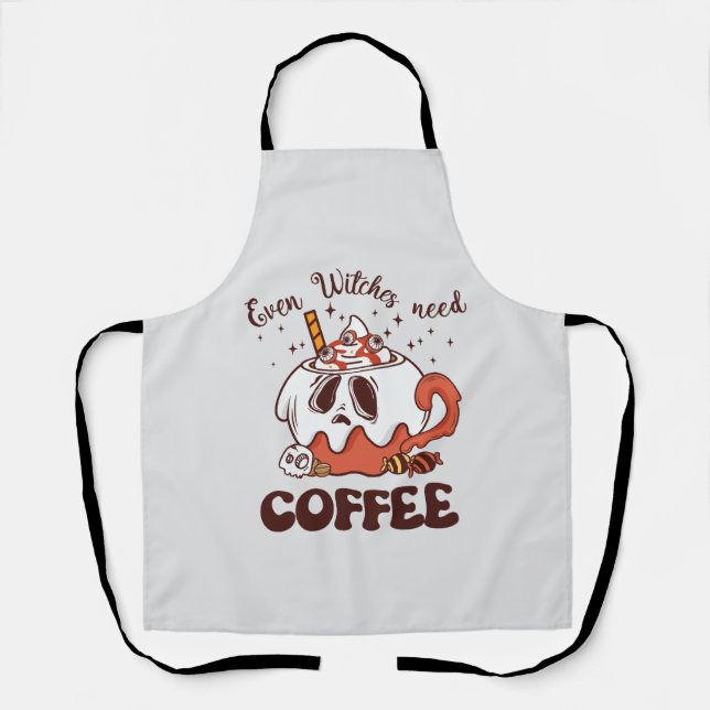 Even Witches Need Coffee – Cute Ghost Apron (Front)