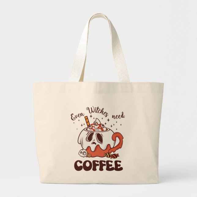 Even Witches Need Coffee – Cute Ghost Large Tote Bag (Front)