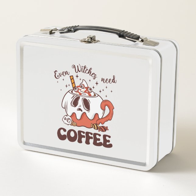 Even Witches Need Coffee – Cute Ghost Metal Lunch Box (Front)