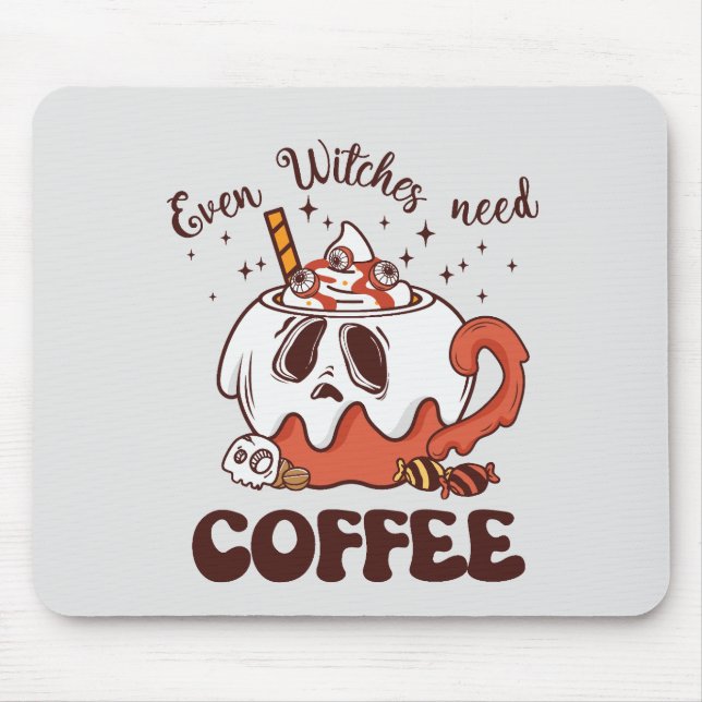 Even Witches Need Coffee – Cute Ghost Mouse Mat (Front)