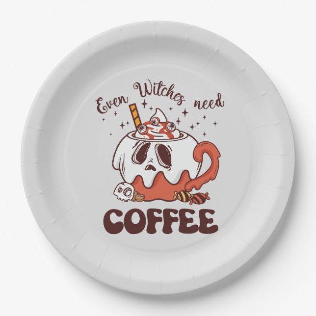 Even Witches Need Coffee – Cute Ghost Paper Plate (Front)