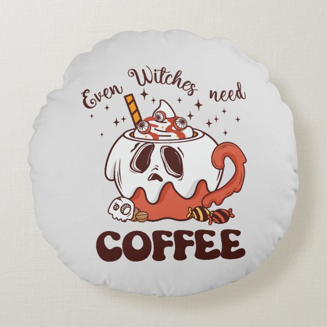 Even Witches Need Coffee – Cute Ghost Round Cushion (Front)